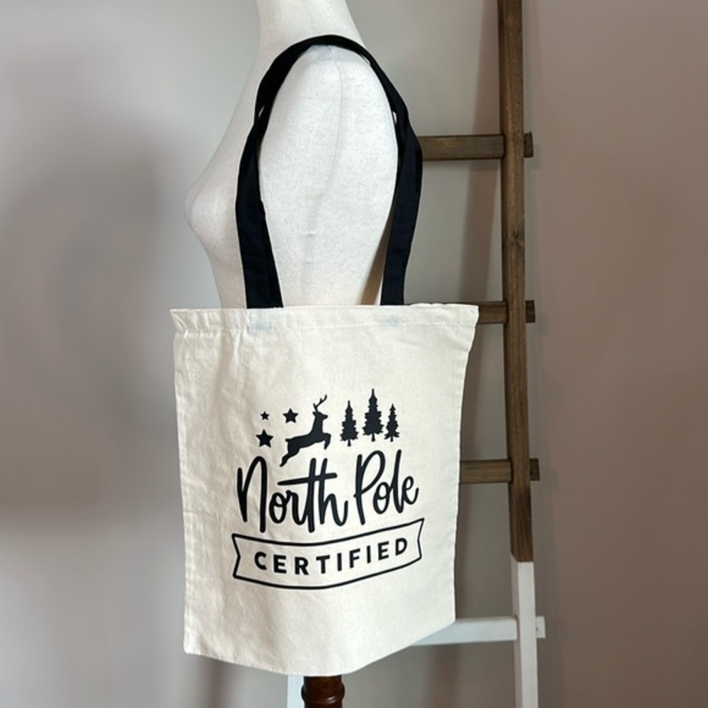 Sarnico Designs Cream Tote Bag with Black Vinyl North Pole Certified Design New